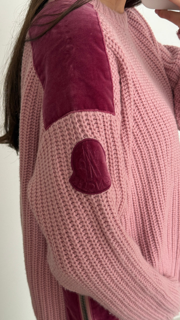 Moncler Pink Wool Cashmere Knit Sweater with Velvet Accents Size 2