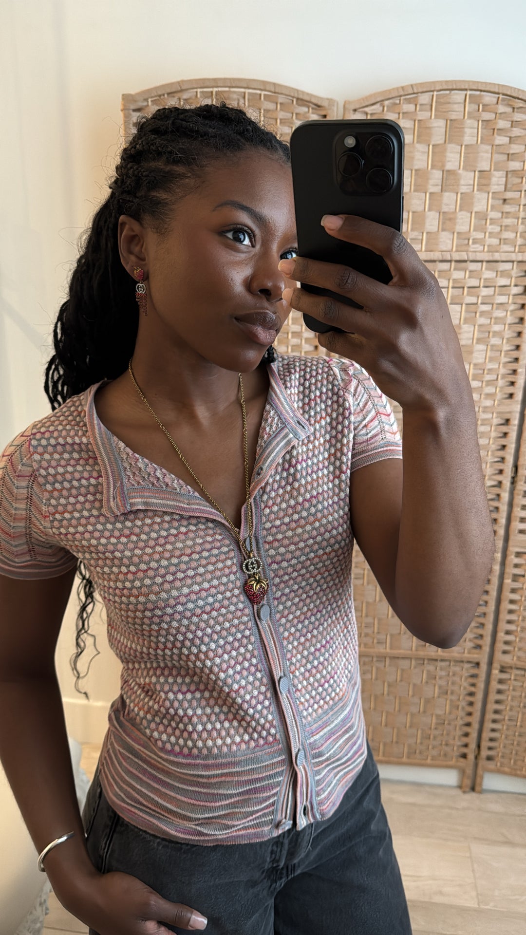 Missoni Pink & Grey Knit Button Up Short Sleeve Shirt Size 42