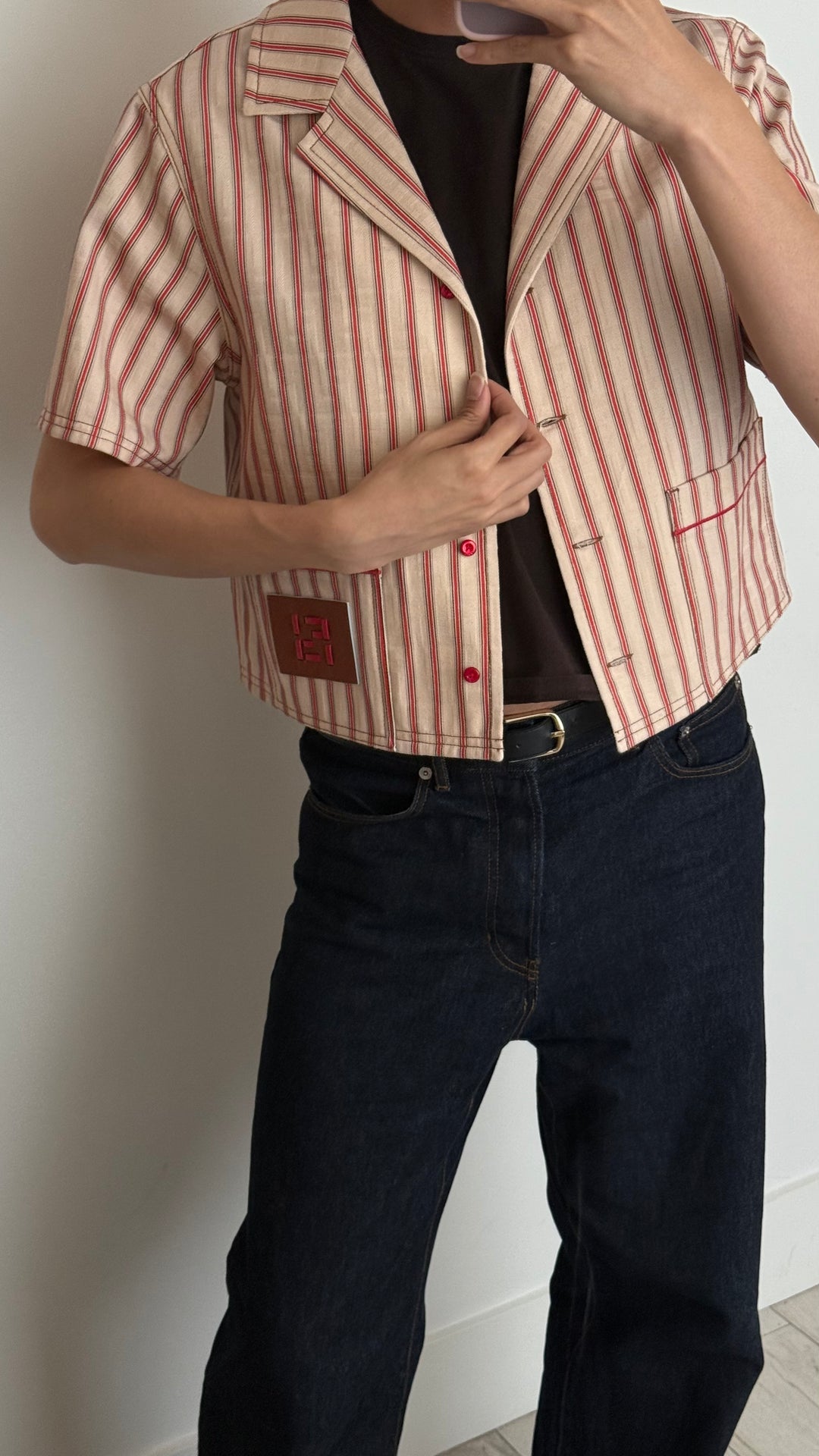 Fendi Cream Denim Red Striped Button Up Shirt Size 40