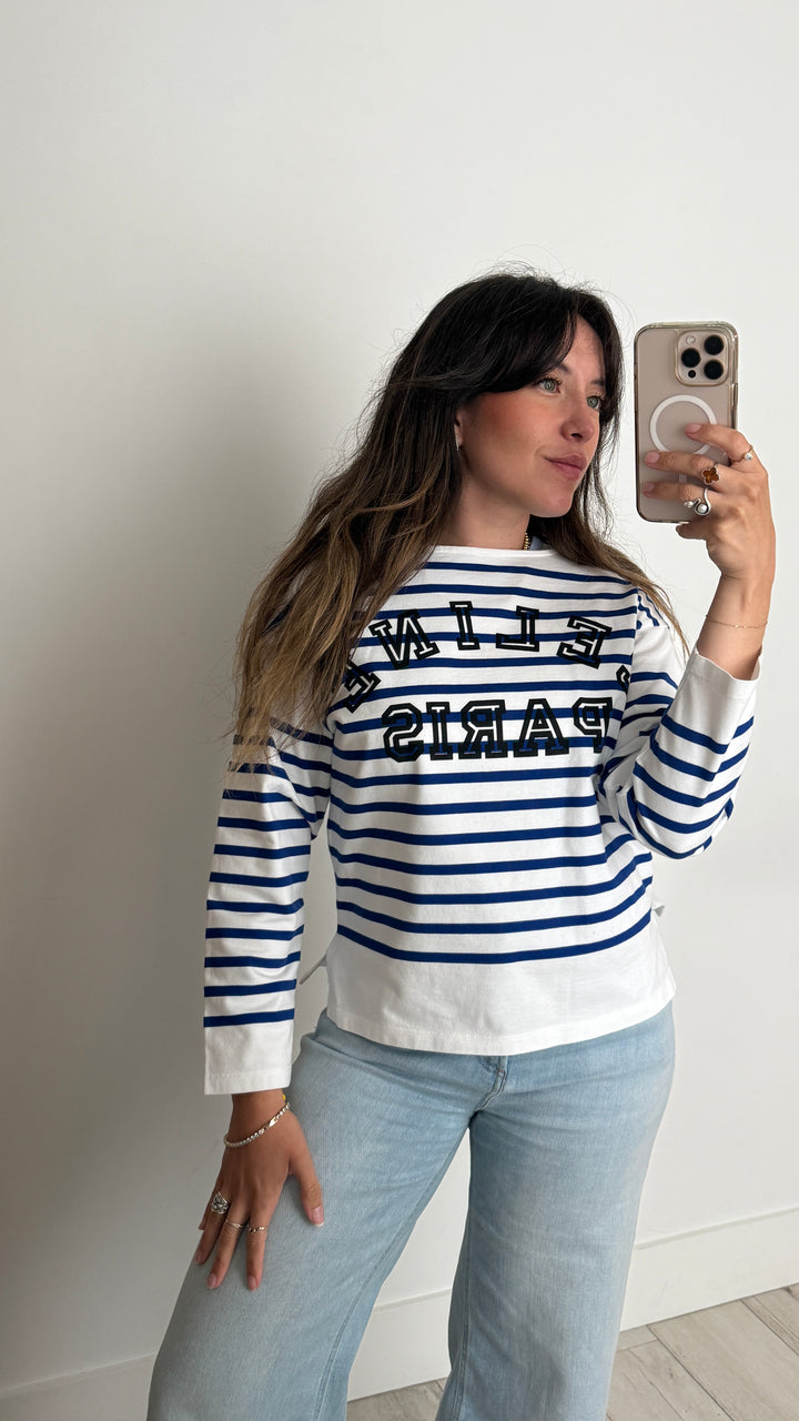 Celine Blue and White Stripe Cotton Shirt with Logo Size XS