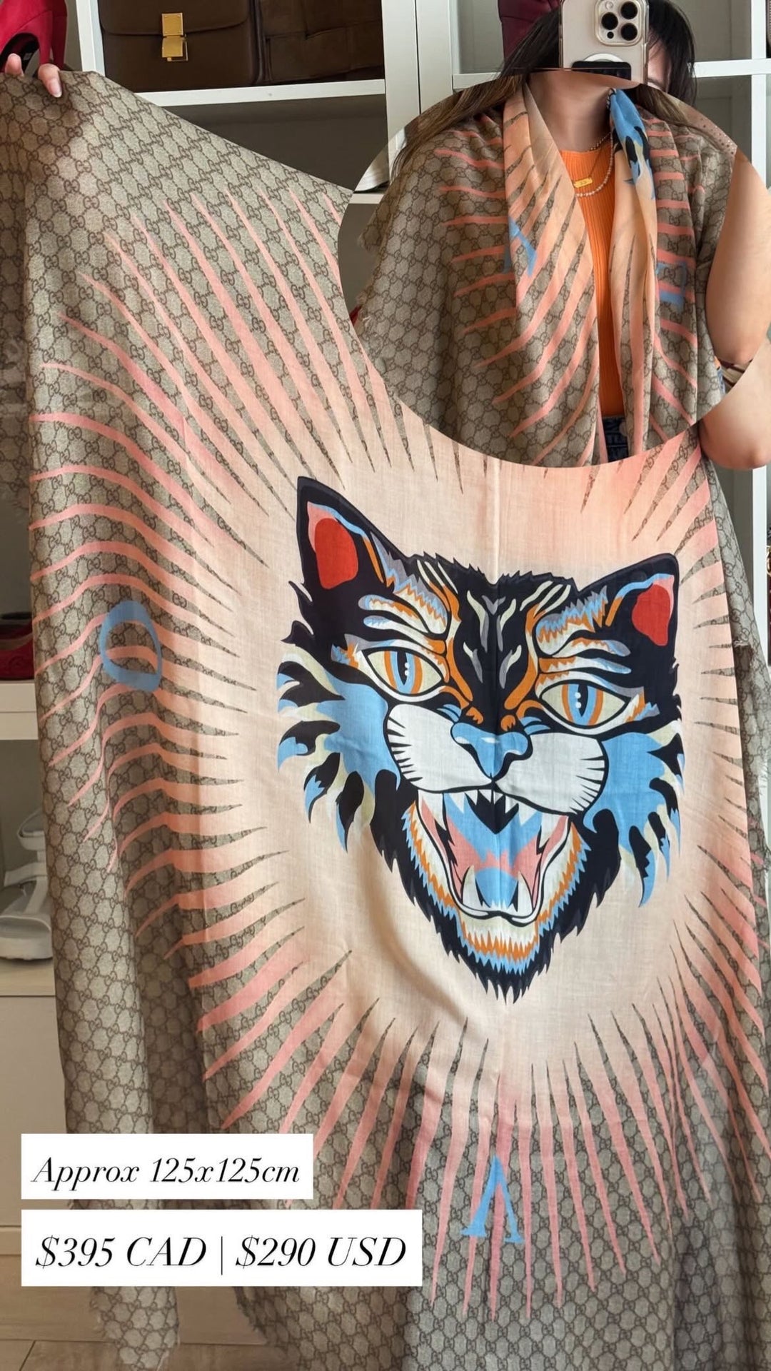 Gucci Monogram Cotton Scarf with Lion Detail