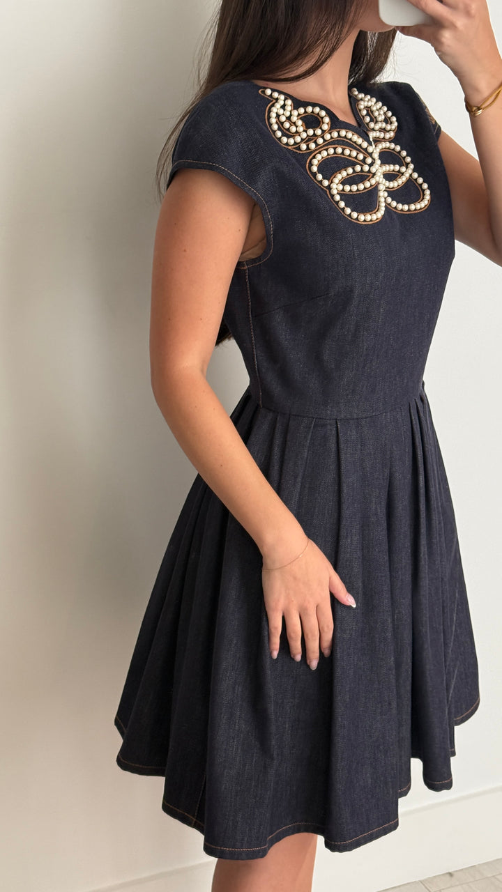 Fendi Blue Denim Faux Pearl Embellished Butterfly Dress Size 42
