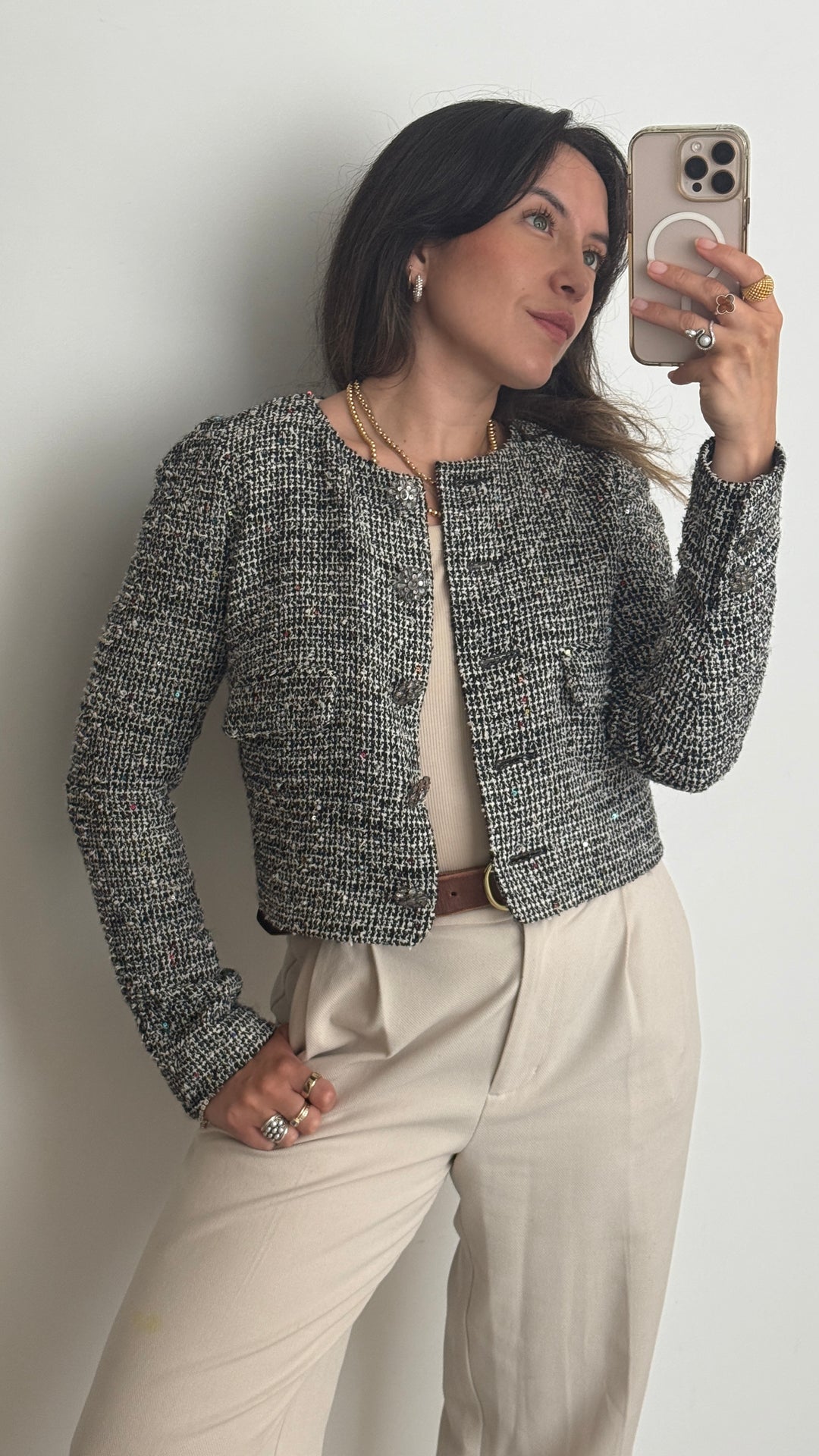 Pre-Loved Chanel™ Grey Tweed & Multicolour Sequin Jacket Size 38