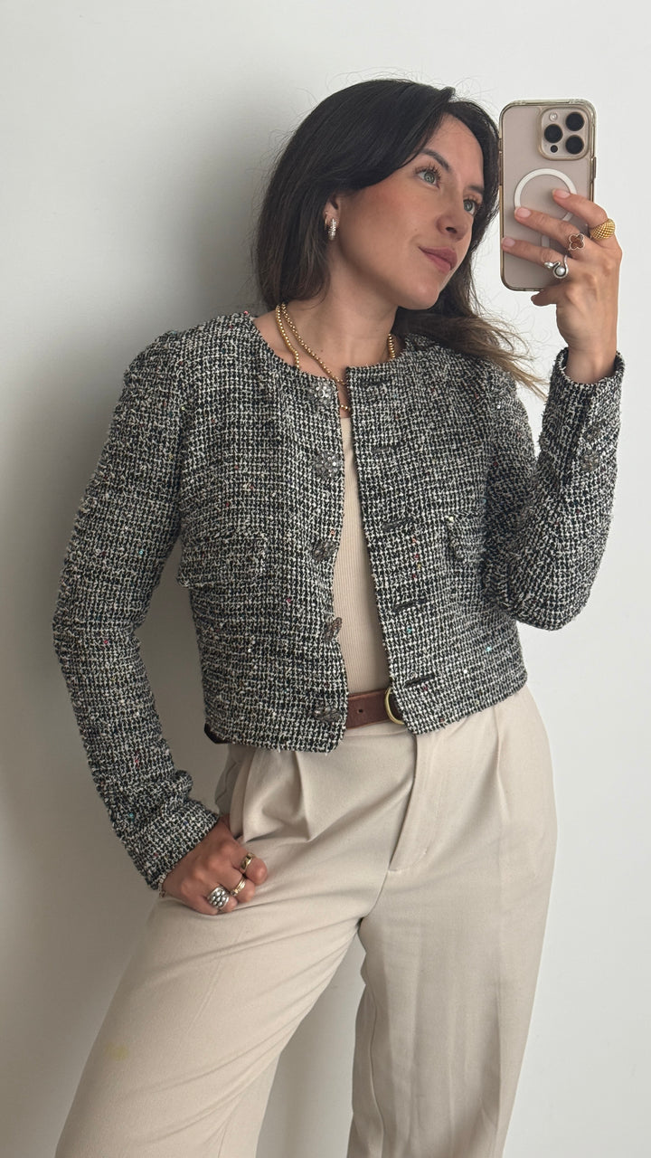 Pre-Loved Chanel™ Grey Tweed & Multicolour Sequin Jacket Size 38
