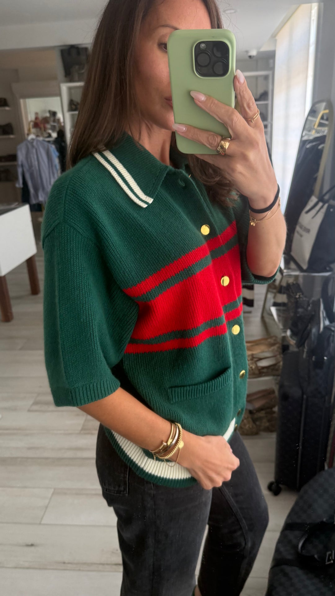 Gucci Green & Red Wool/Cashmere Knit Short Sleeve Button Up Size M