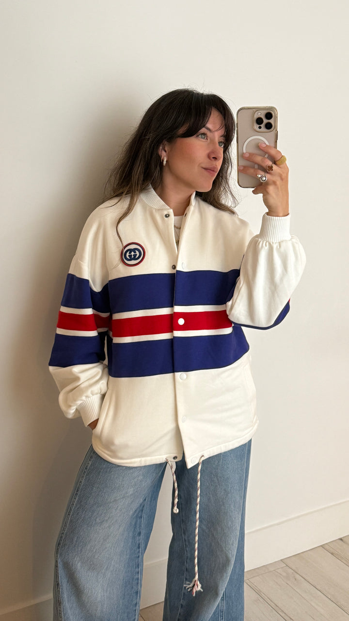 Gucci Red and Blue Stripe Varsity Style Jacket with Snap Buttons Size XXS