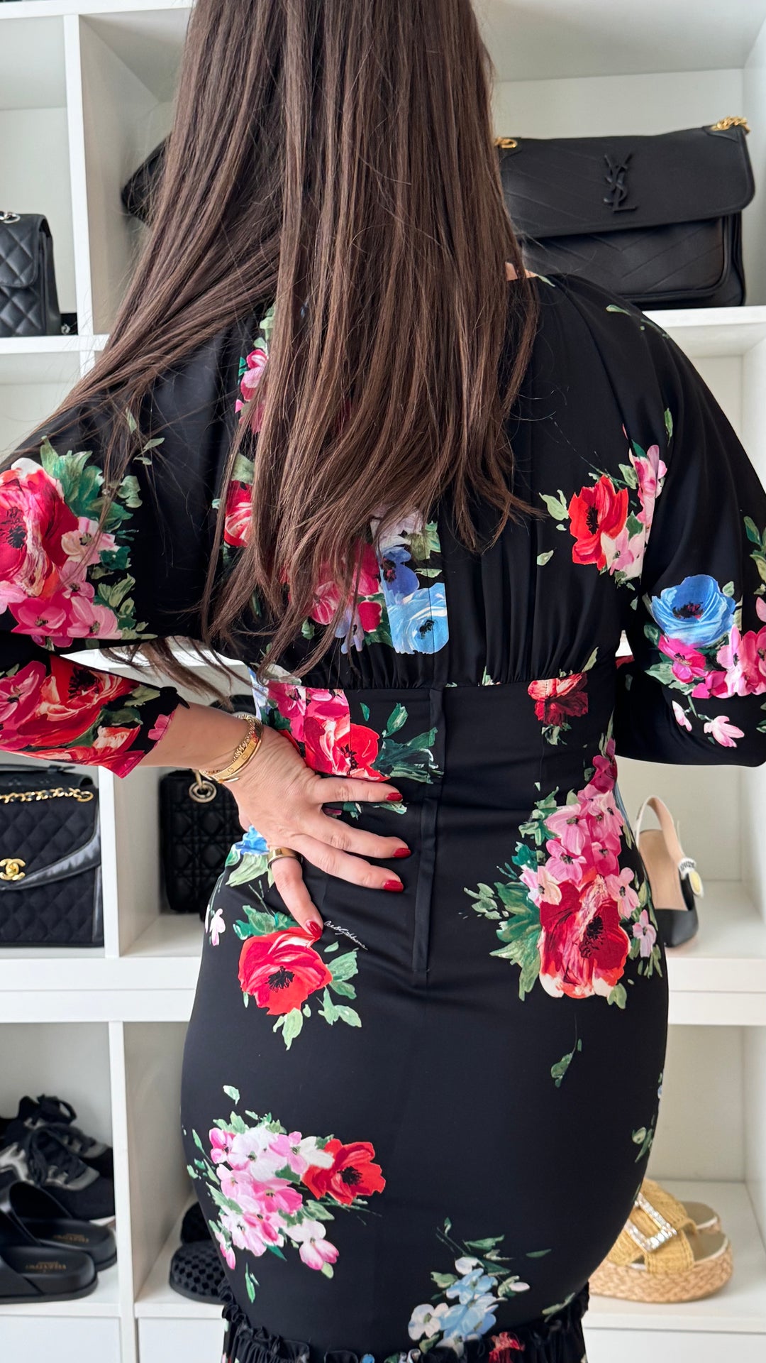 Dolce & Gabbana Black Silk Multicolour Floral 3/4 Sleeve Dress Size 42