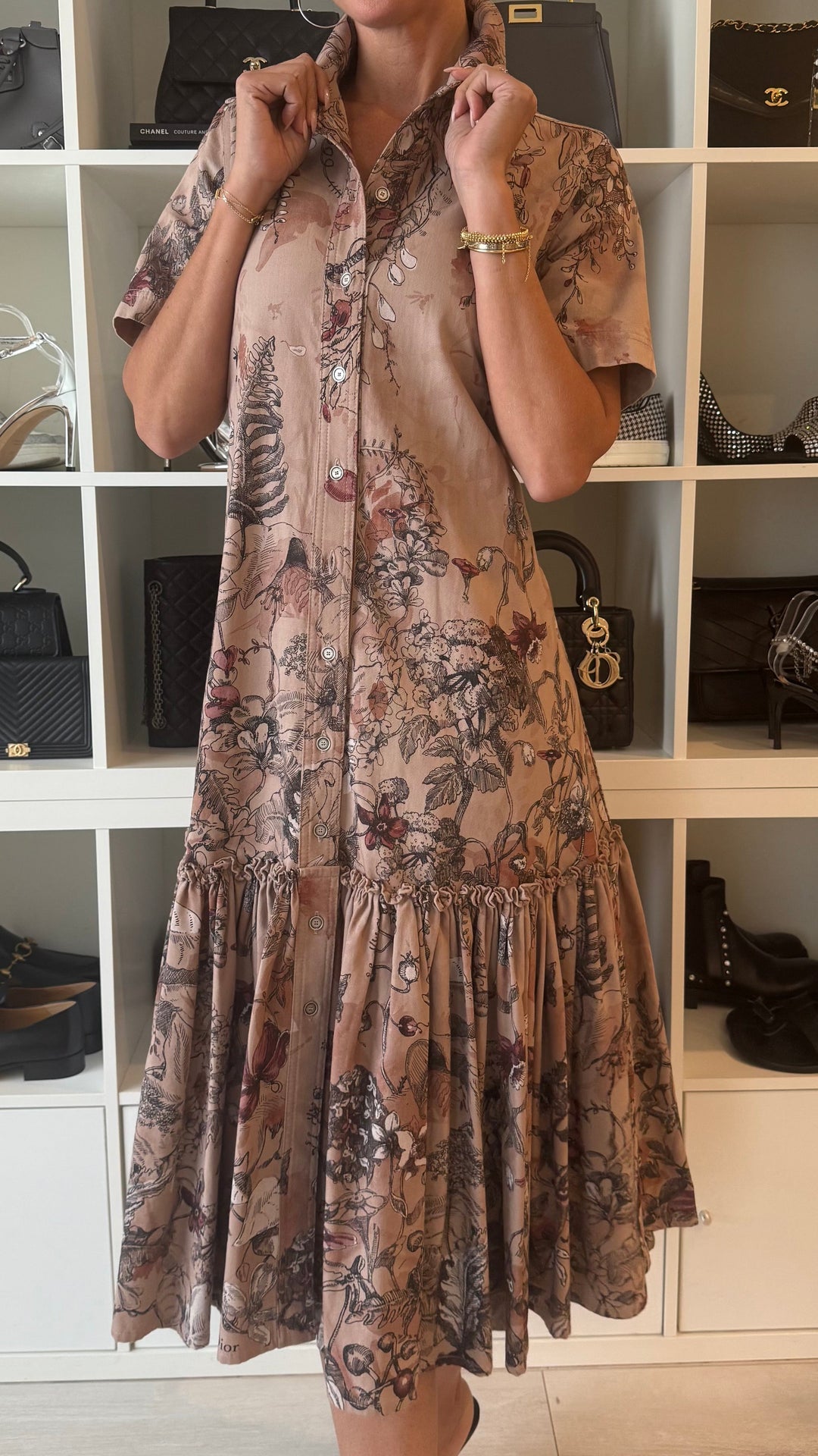 Dior Dusty Rose Cotton Printed Shirt Dress with Belt Size 38