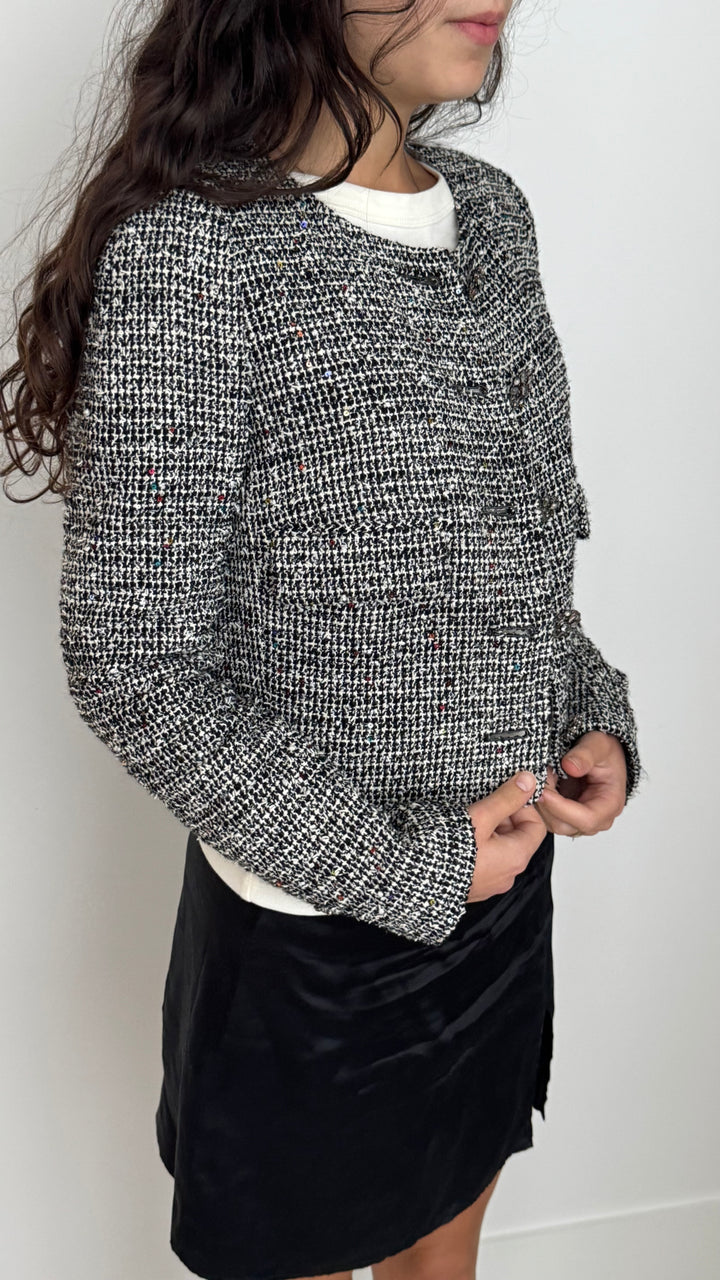 Pre-Loved Chanel™ Black, Grey, White, Sequin Tweed Blazer Size 38
