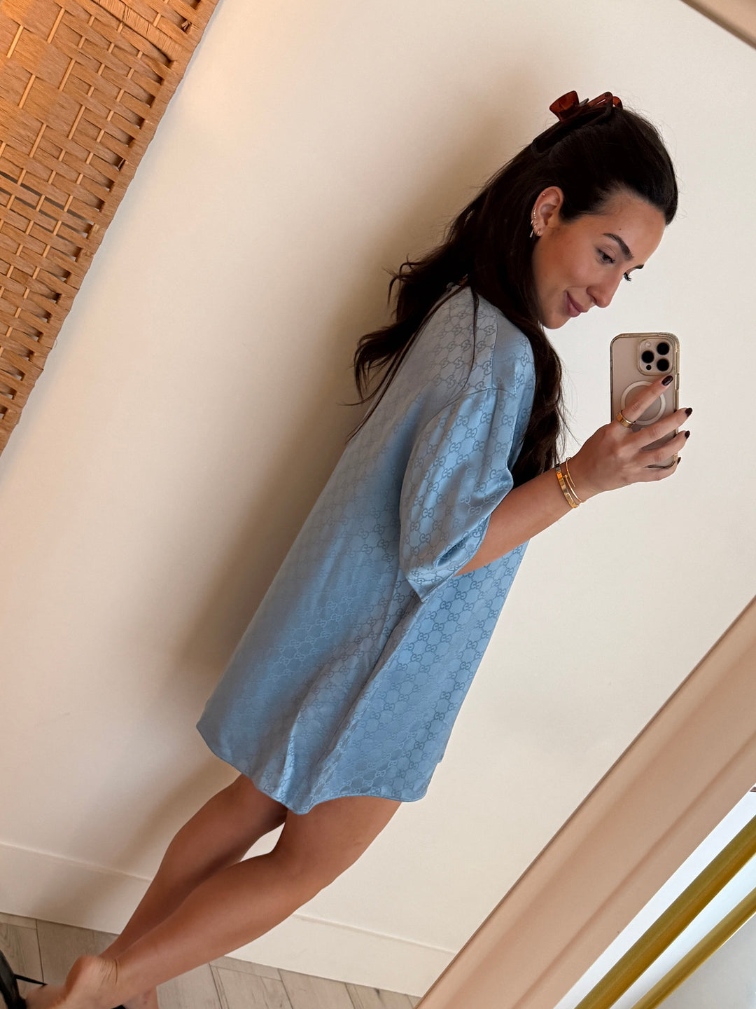 Gucci Blue GG Monogram Satin Mini Dress Size 46