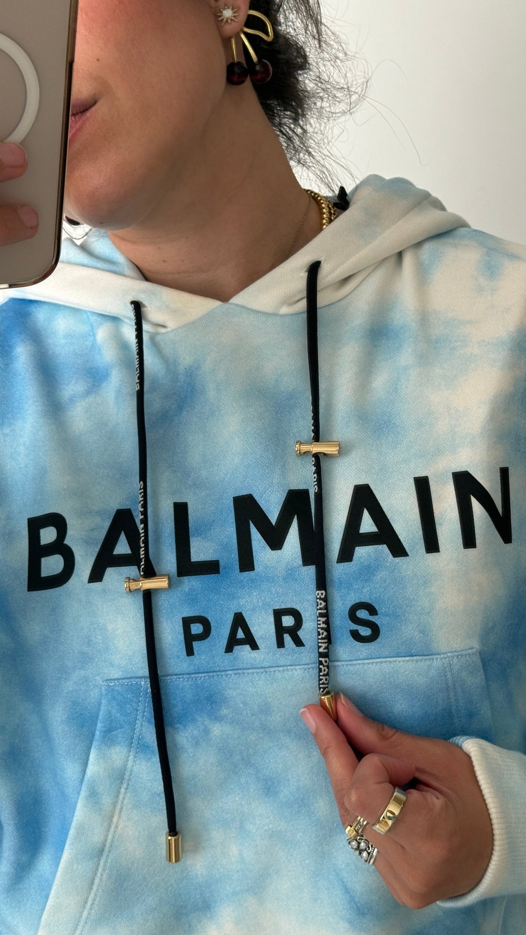 Balmain Blue & White Cotton Tie-dye Cropped Hoodie Size XS