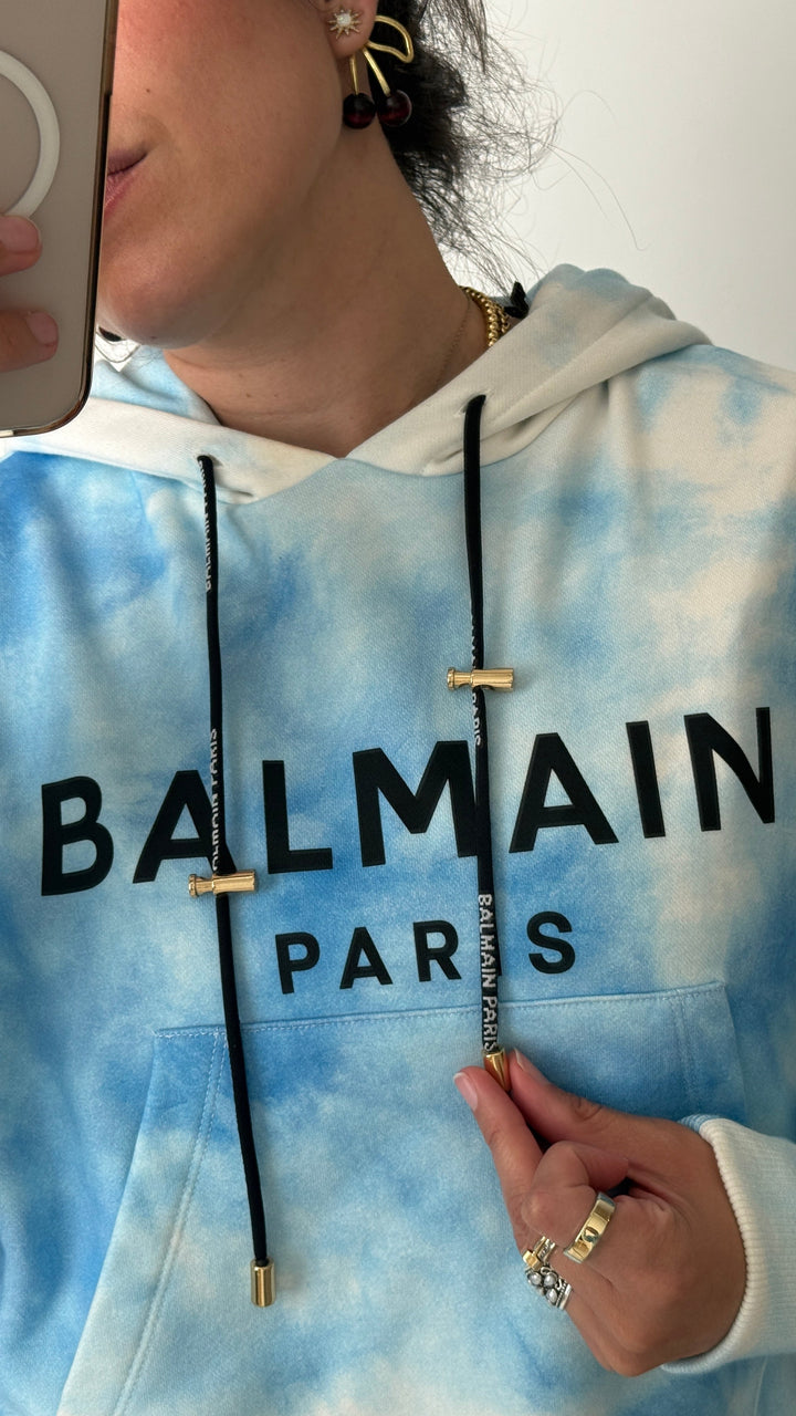 Balmain Blue & White Cotton Tie-dye Cropped Hoodie Size XS