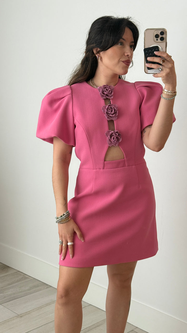 Rebecca Vallance Pink Puff Sleeve Cutout Dress with Crystal Flowers Size 38