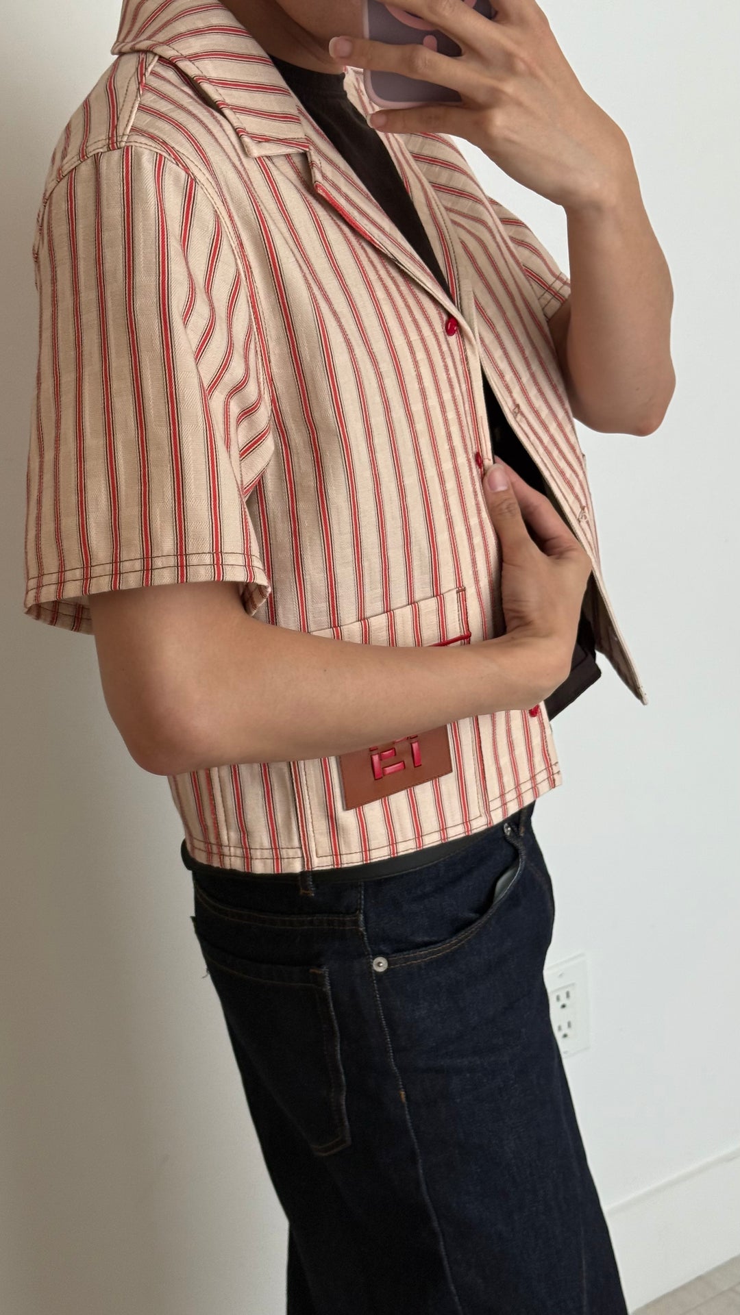 Fendi Cream Denim Red Striped Button Up Shirt Size 40