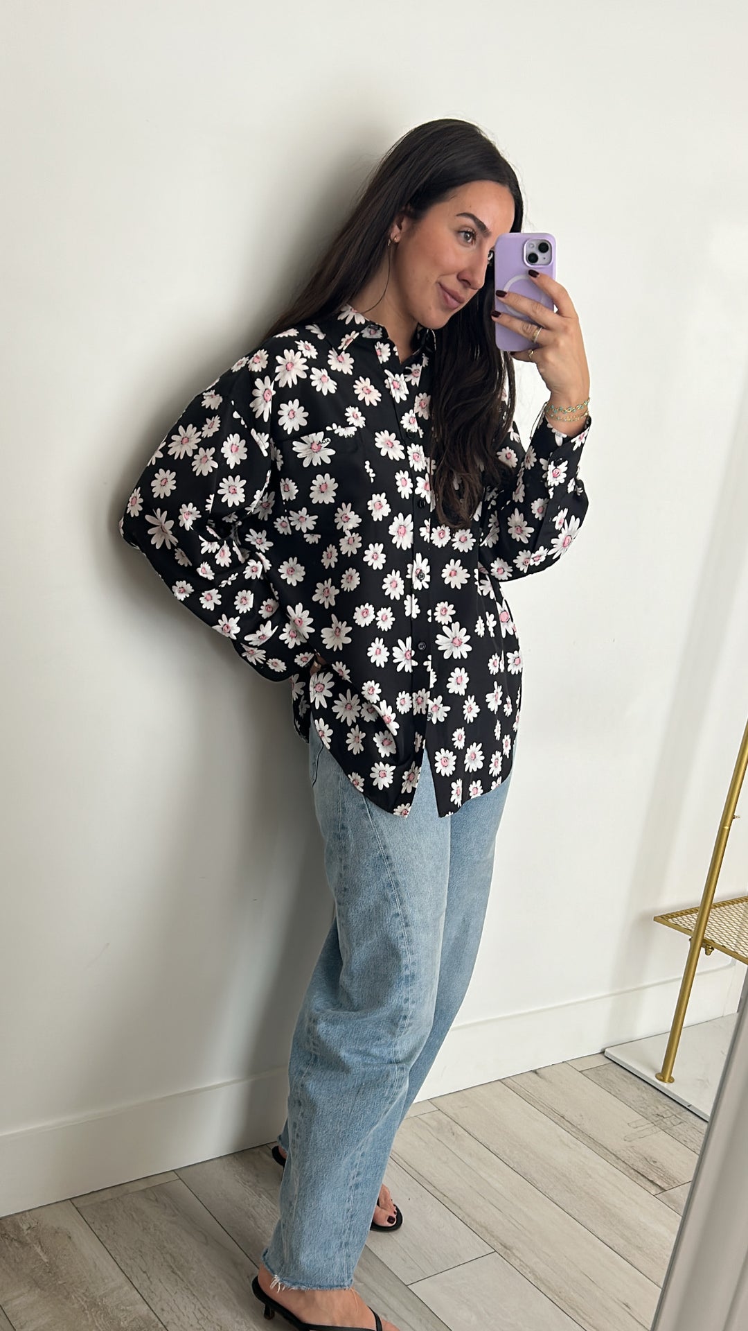 Balenciaga Black and Daisy Print Button Up