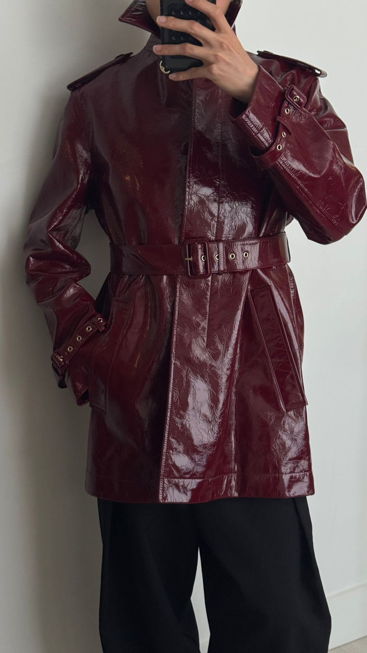 Gucci Burgundy Patent Leather Belted Trench Coat Size 44