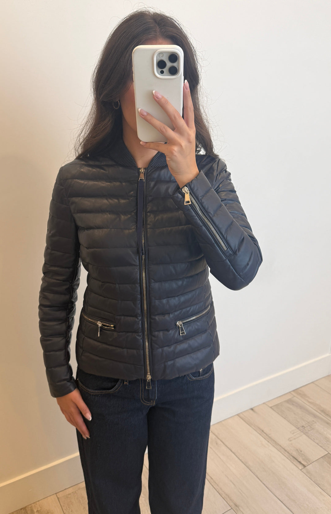 Moncler Navy Cropped Leather Quilted Jacket Size 1