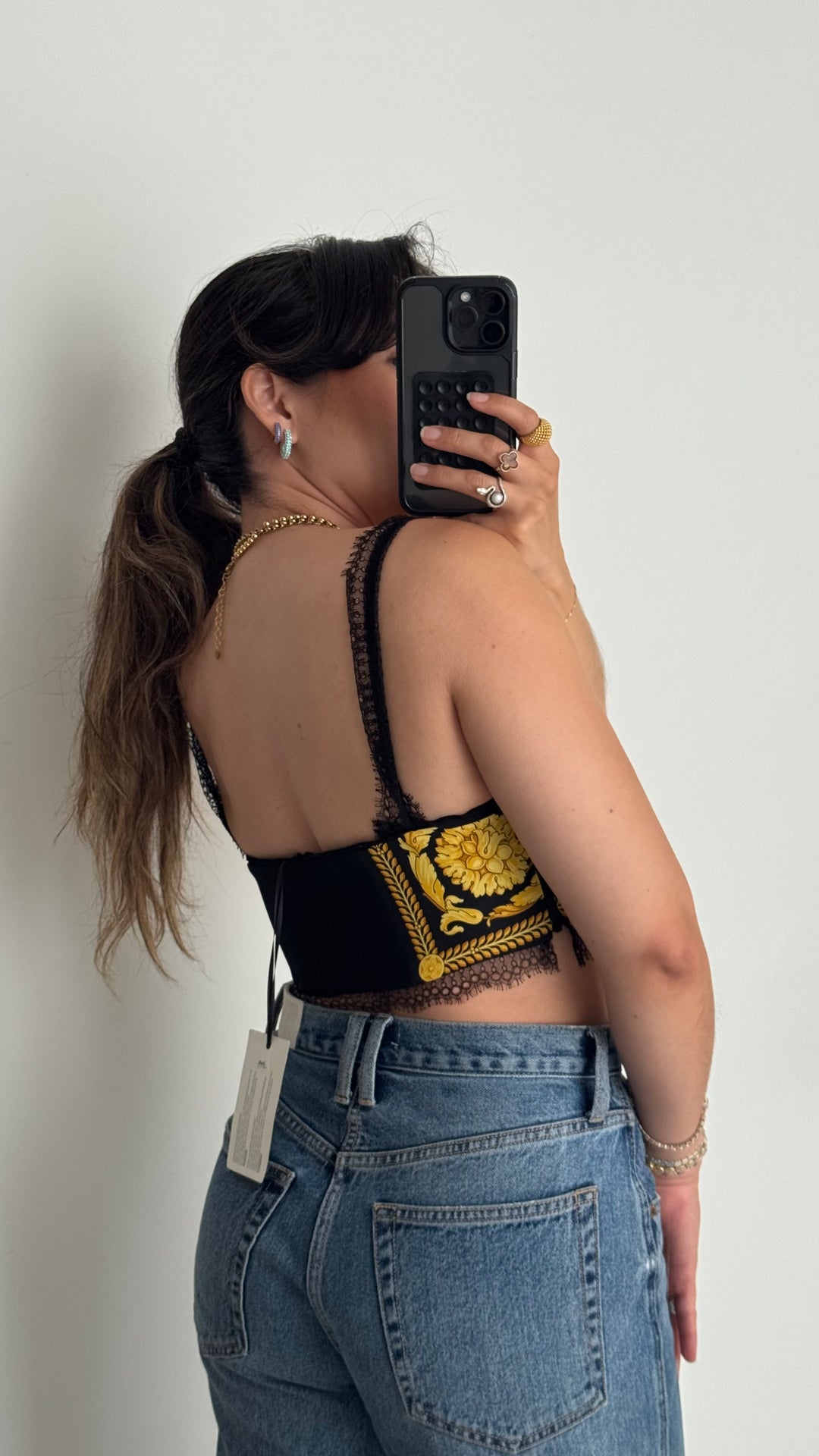 Versace Barocco Print Black and Gold Silk Bralette with Lace Trim Size 40