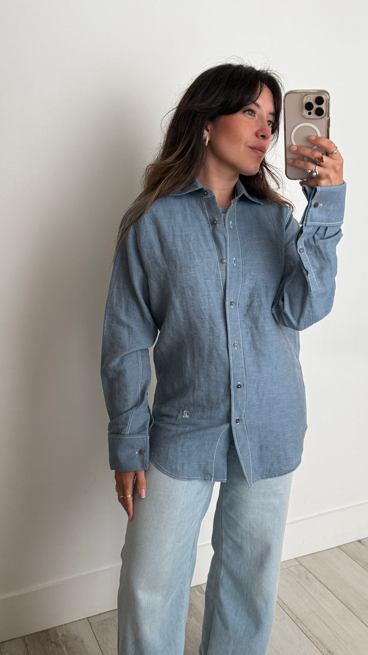 Loewe Blue Linen Blend Shirt with White Stitching Detail Size 36