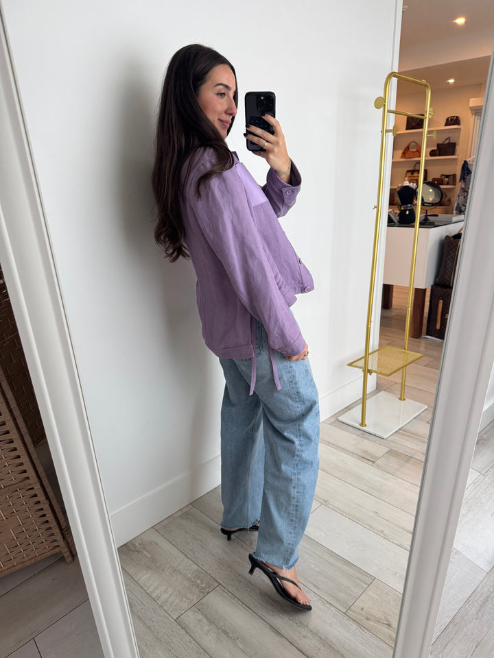 Loewe Lilac Linen Blend Button Up Top with Leather Patch Size 34
