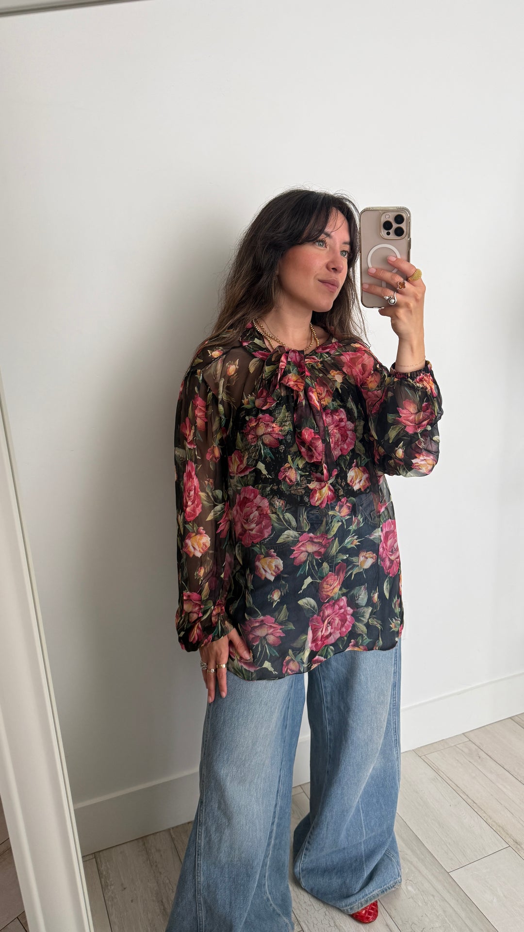 Dolce & Gabbana Black Silk Floral Print Blouse Size 46