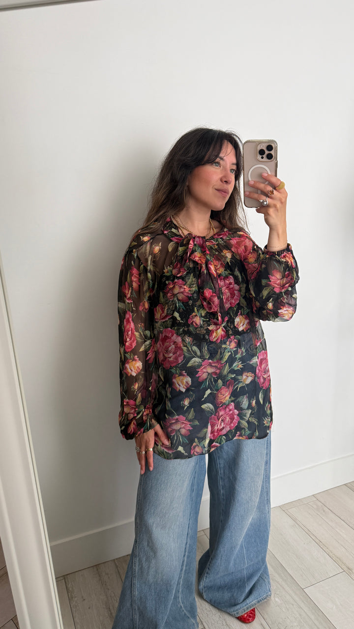 Dolce & Gabbana Black Silk Floral Print Blouse Size 46