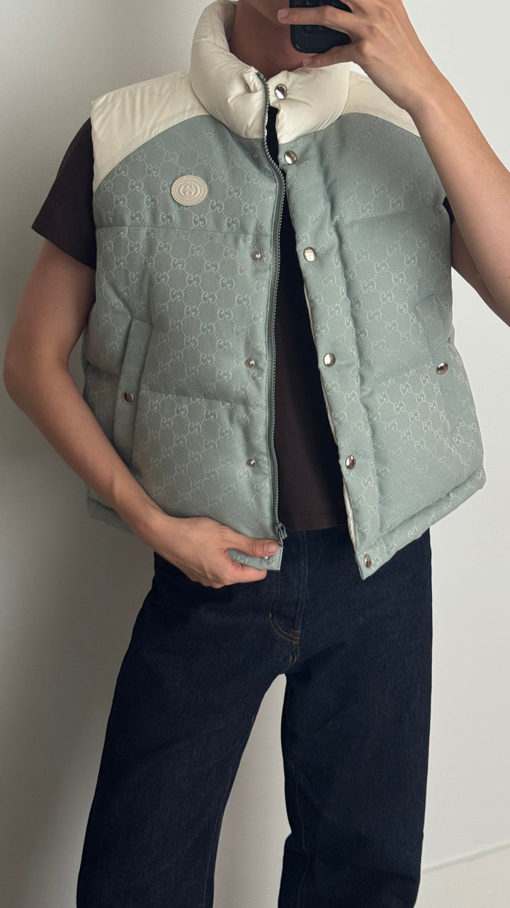 Gucci Light Blue GG & White Puffer Vest Size 38