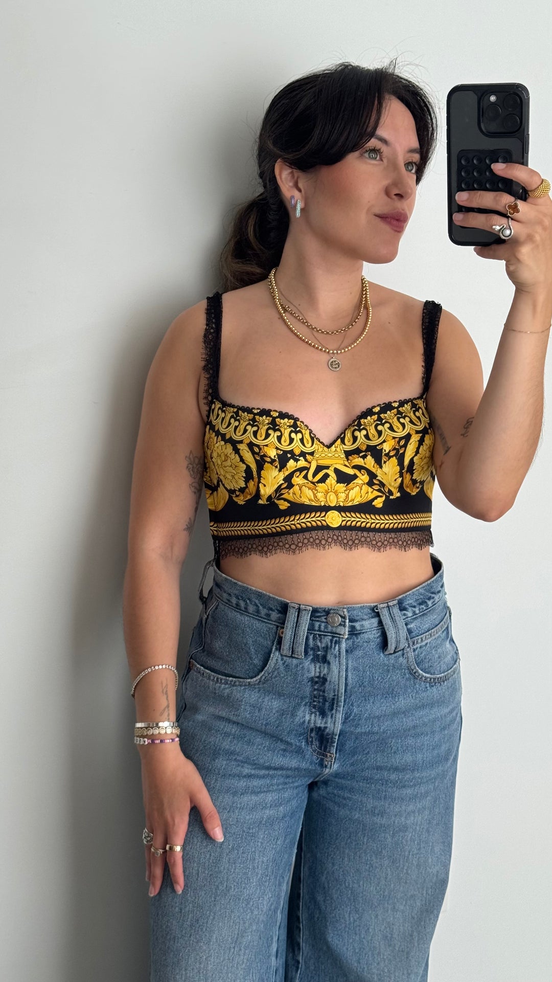 Versace Barocco Print Black and Gold Silk Bralette with Lace Trim Size 40