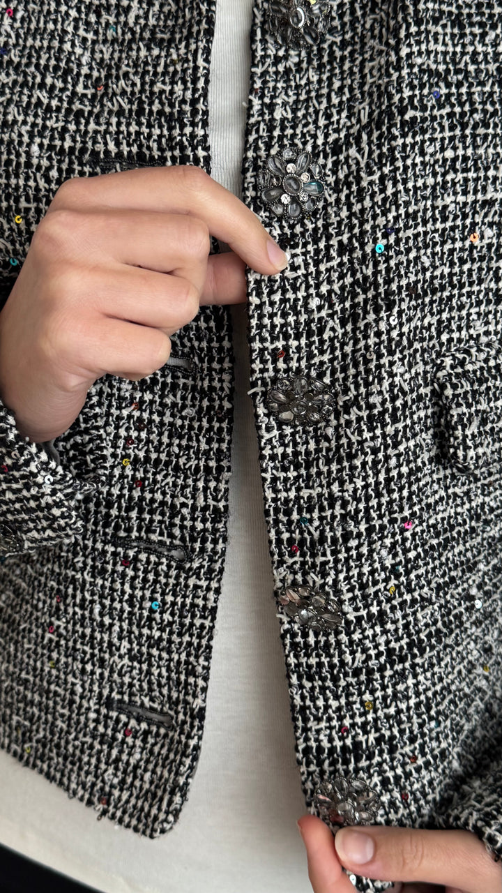Pre-Loved Chanel™ Black, Grey, White, Sequin Tweed Blazer Size 38