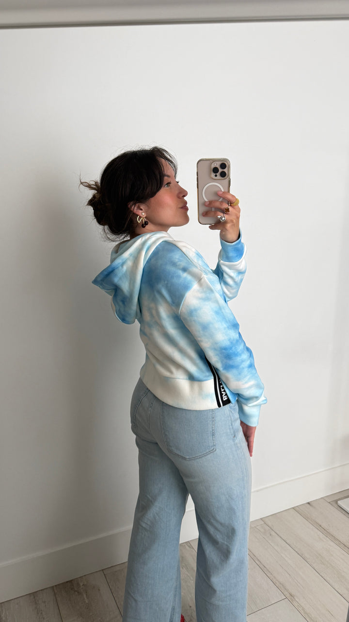 Balmain Blue & White Cotton Tie-dye Cropped Hoodie Size XS