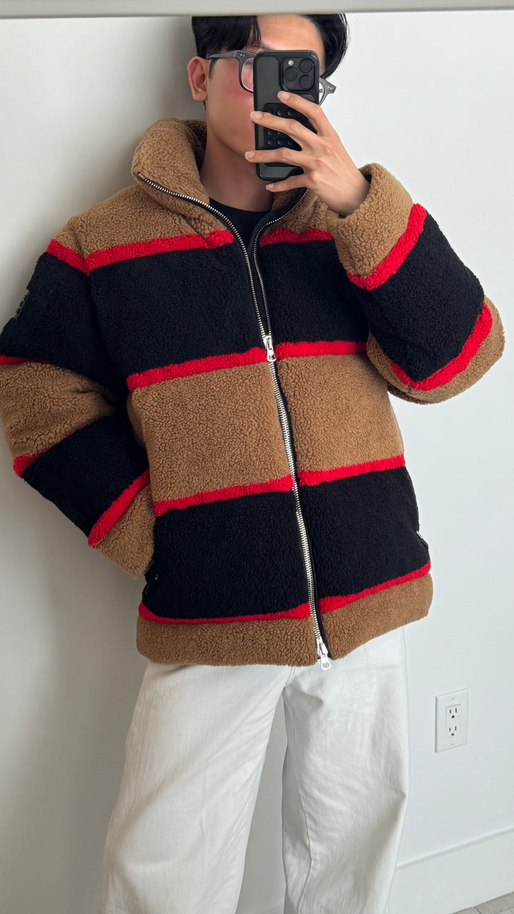Burberry Red, Black & Brown Bradfield Fleece Jacquard Puffer Jacket Size M