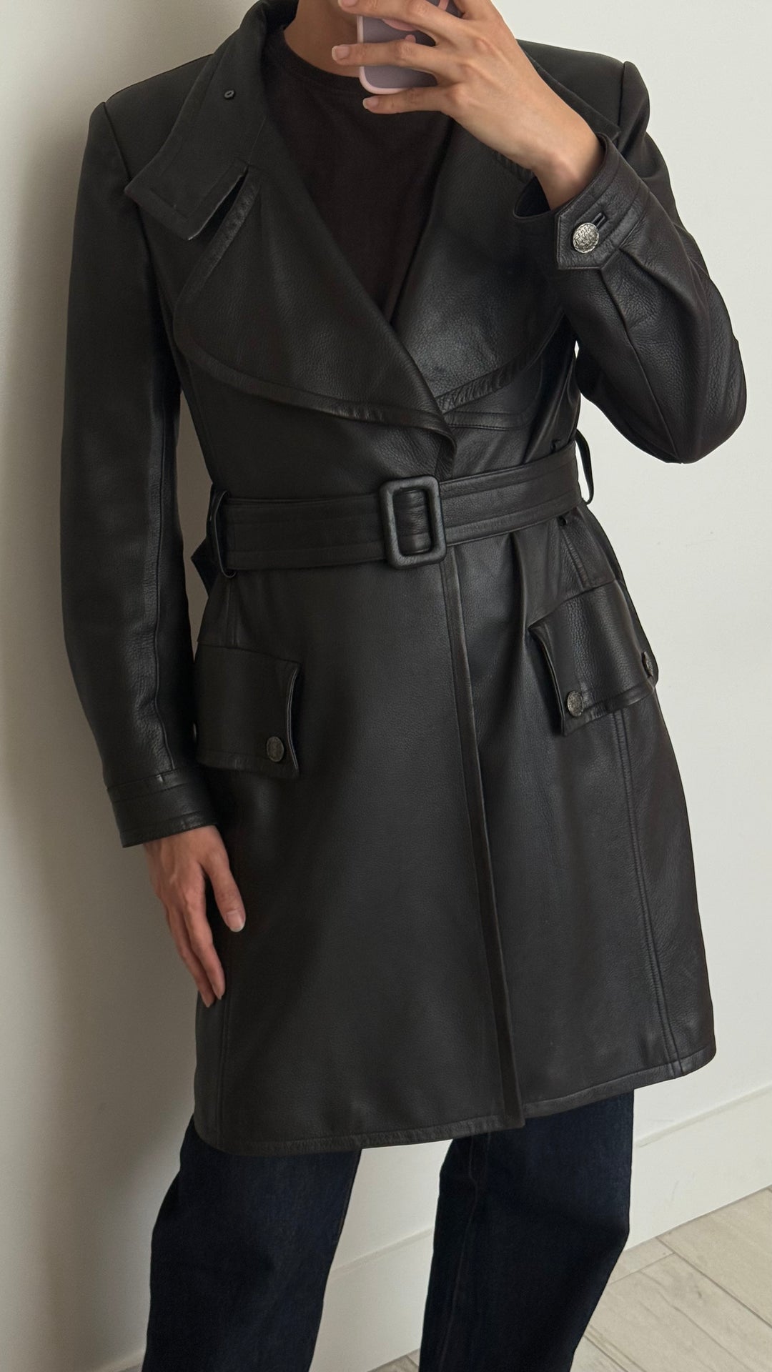 Pre-Loved Chanel™ Black Lambskin Leather Belted Trench Coat Size 40