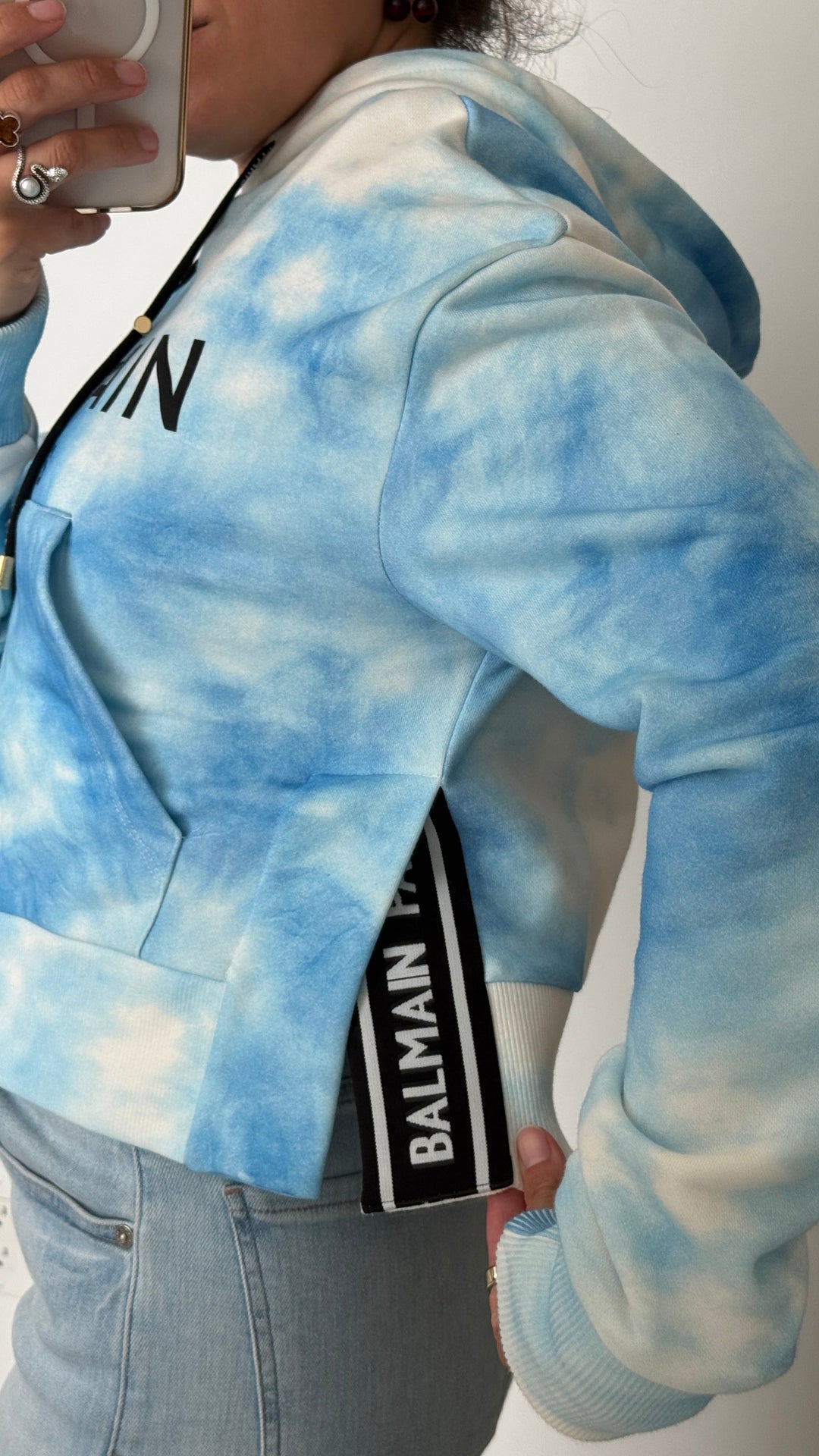 Balmain Blue & White Cotton Tie-dye Cropped Hoodie Size XS