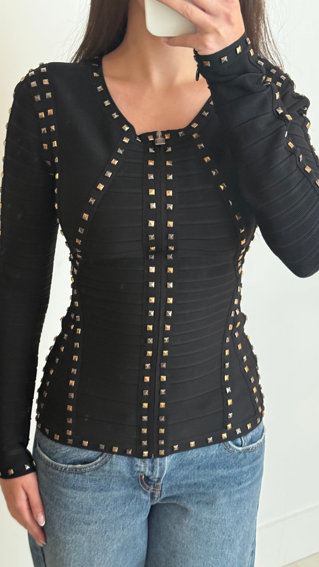 Herve Léger Black Rayon Studded Bandage Sweater Size S