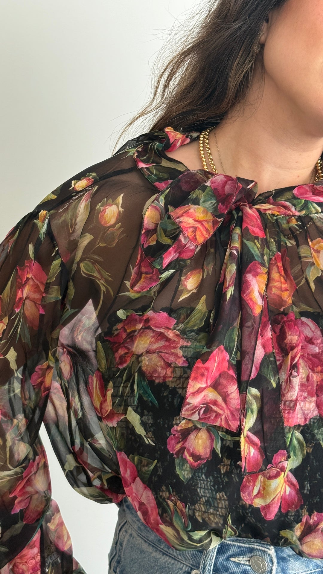 Dolce & Gabbana Black Silk Floral Print Blouse Size 46