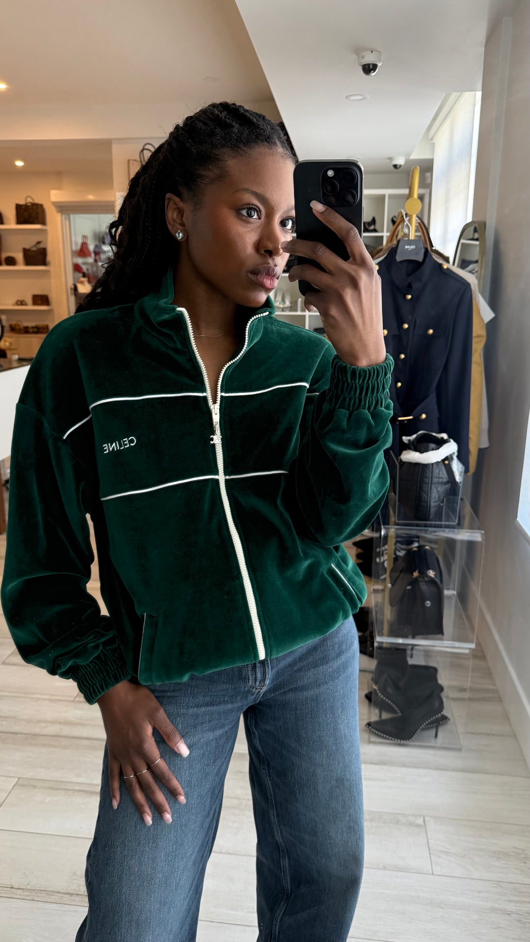 Celine Green Velvet Logo Embroidered Track Jacket Size XS