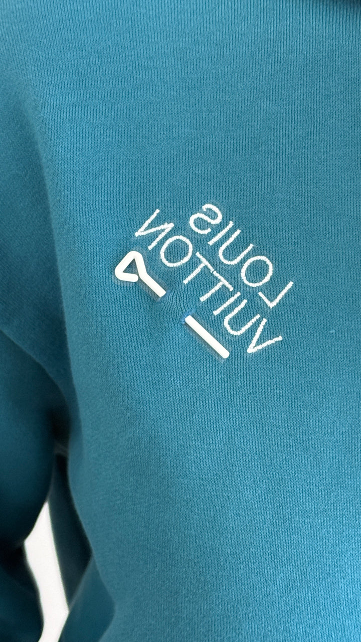 Louis Vuitton Pigeon Blue Cotton Embroidered Signature Hooded Sweater Size L