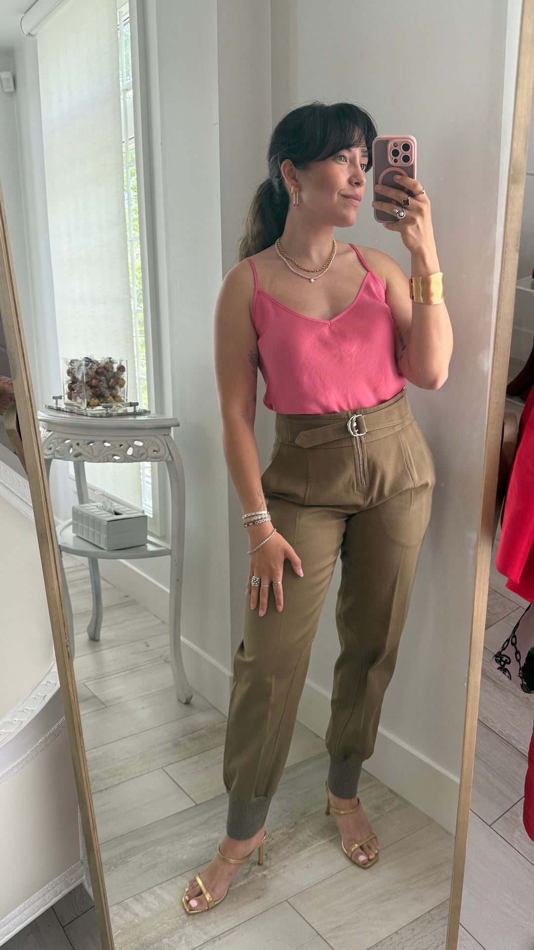 Chloe Brown Denim High-Waisted Belted Elastic-Cuffed Trousers Size 36