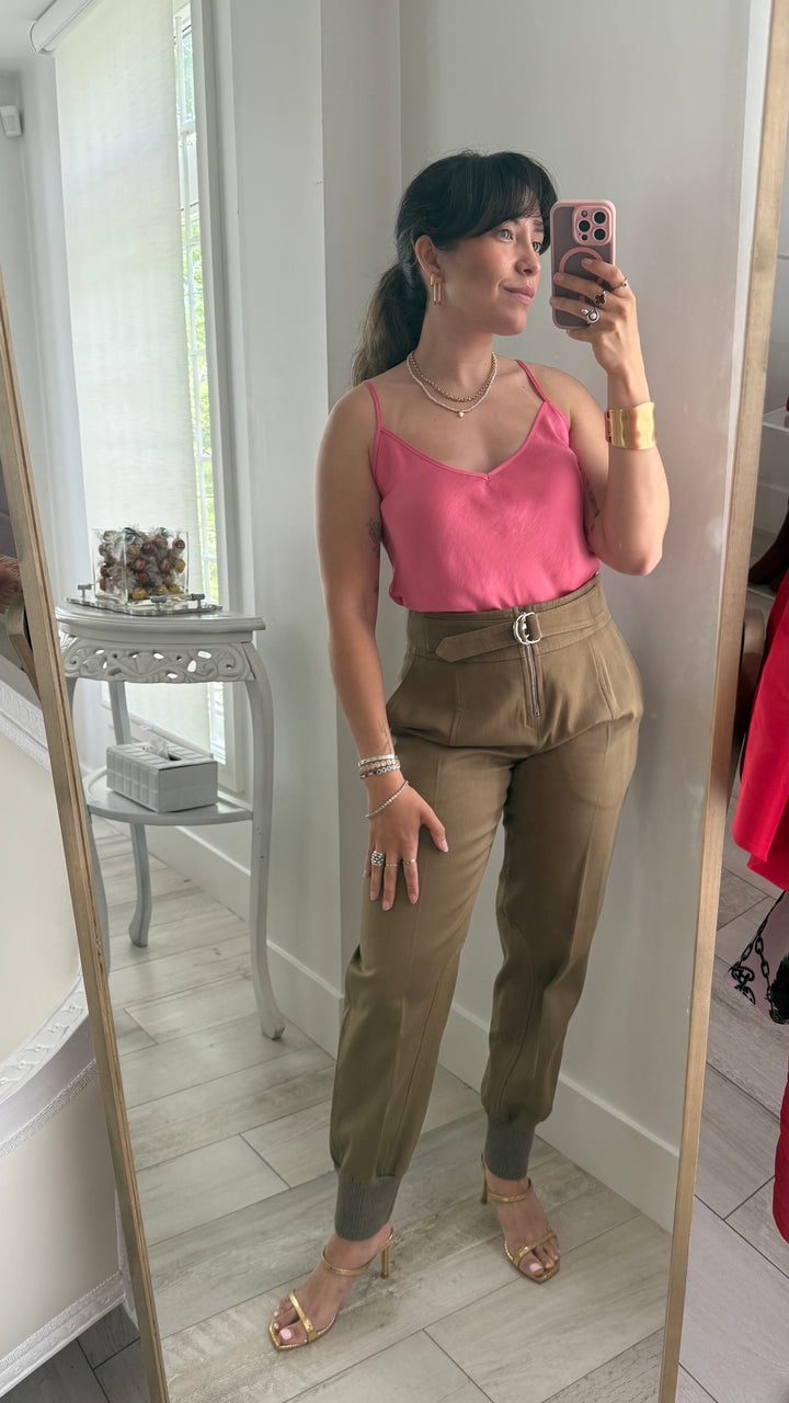 Chloe Brown Denim High-Waisted Belted Elastic-Cuffed Trousers Size 36