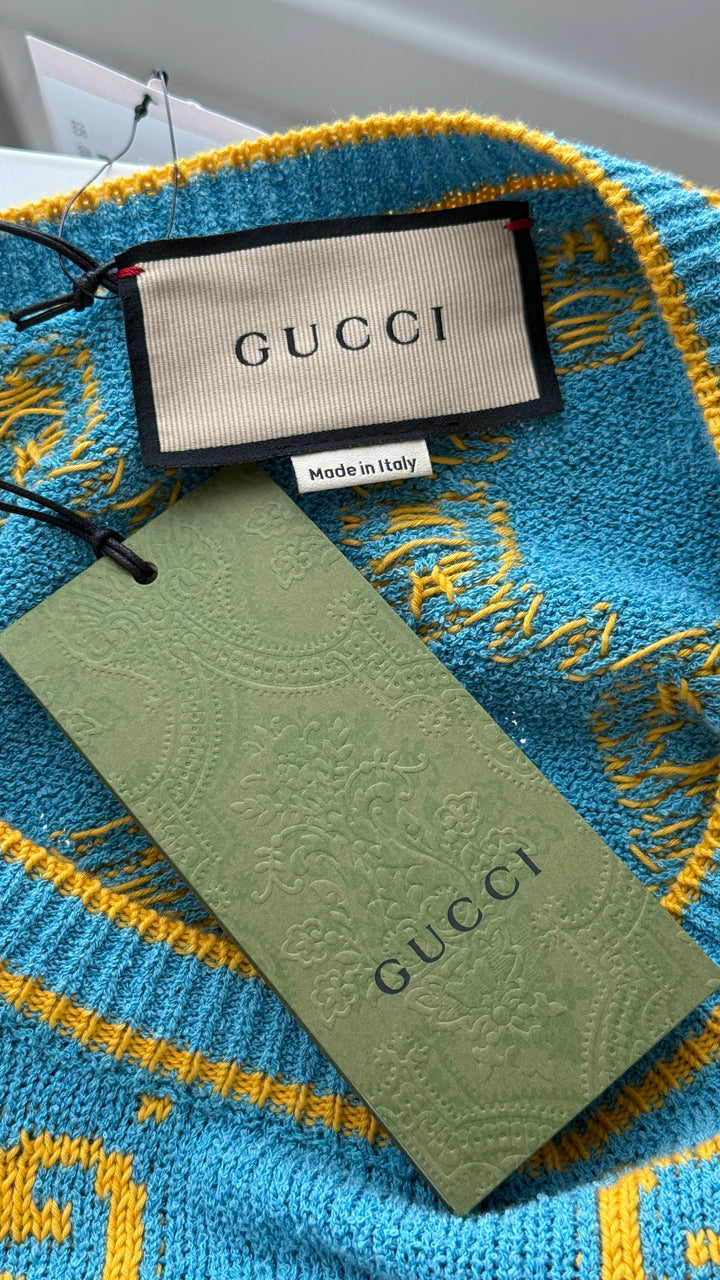 Gucci Cotton Blend Blue Knit Sweater with Yellow Monogram Size XS