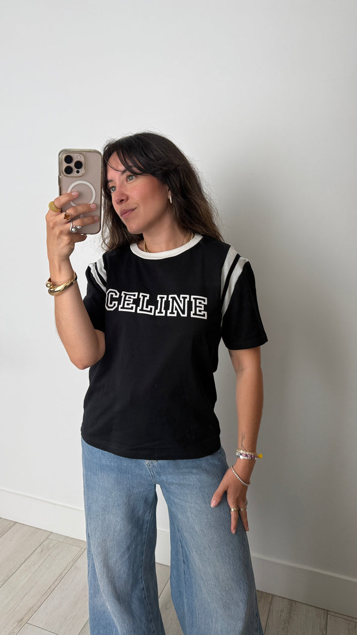 Celine Black Cotton Logo T-shirt with White Trim Size S