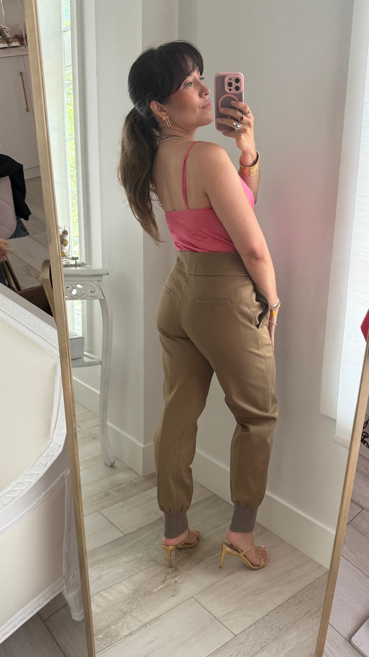 Chloe Brown Denim High-Waisted Belted Elastic-Cuffed Trousers Size 36