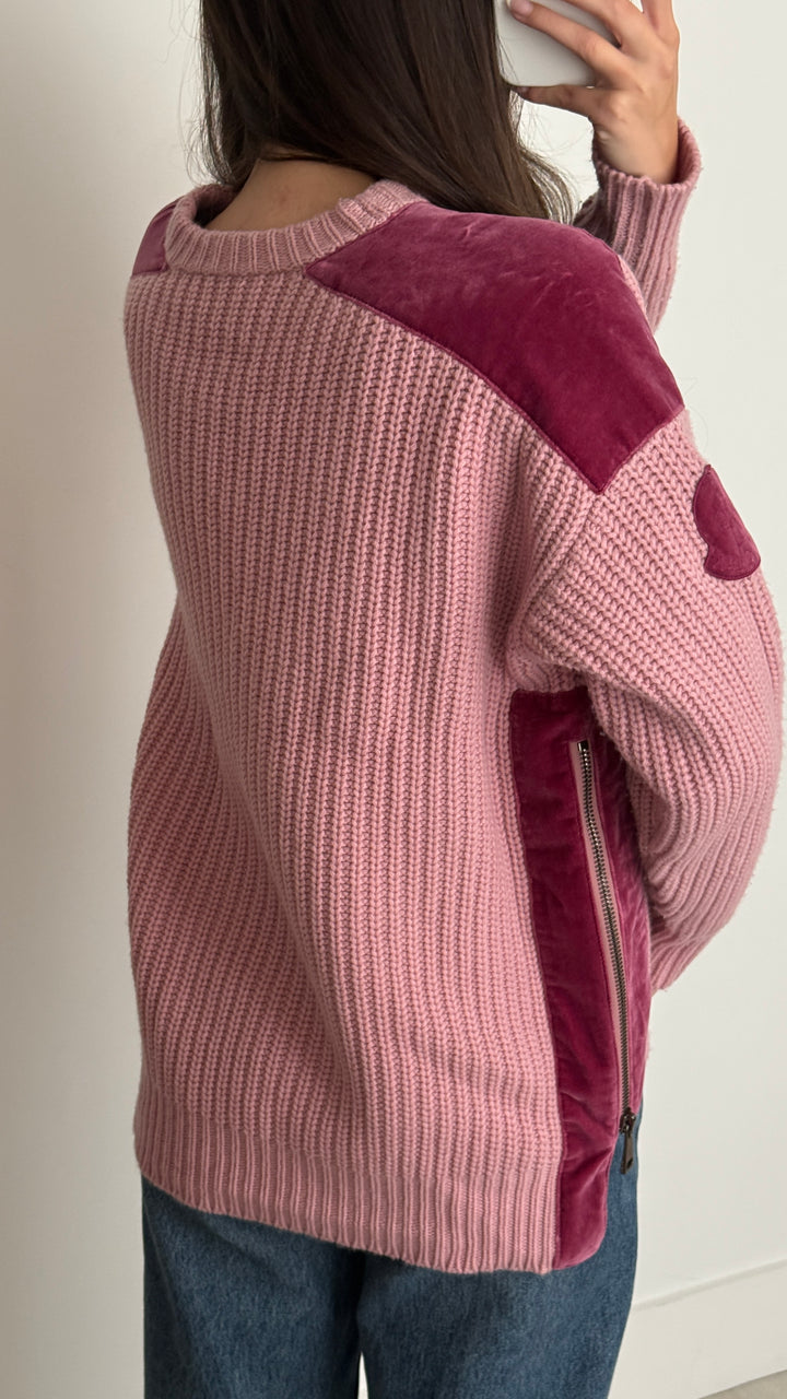 Moncler Pink Wool Cashmere Knit Sweater with Velvet Accents Size 2