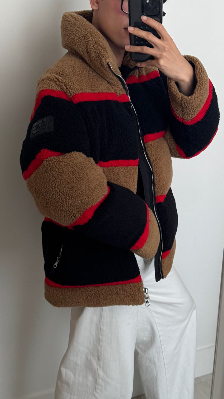 Burberry Red, Black & Brown Bradfield Fleece Jacquard Puffer Jacket Size M