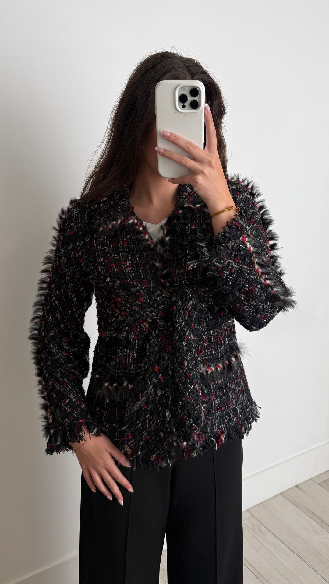 Pre-Loved Chanel™ Black and Red Multicolour Tweed Jacket with Tie Detail and Fringe Size 40