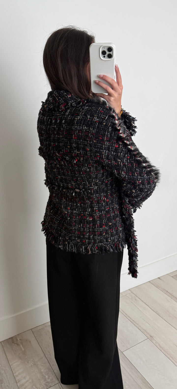 Pre-Loved Chanel™ Black and Red Multicolour Tweed Jacket with Tie Detail and Fringe Size 40