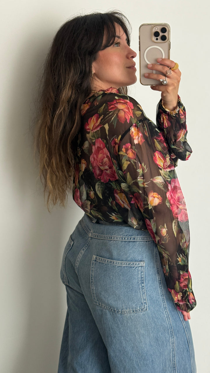 Dolce & Gabbana Black Silk Floral Print Blouse Size 46