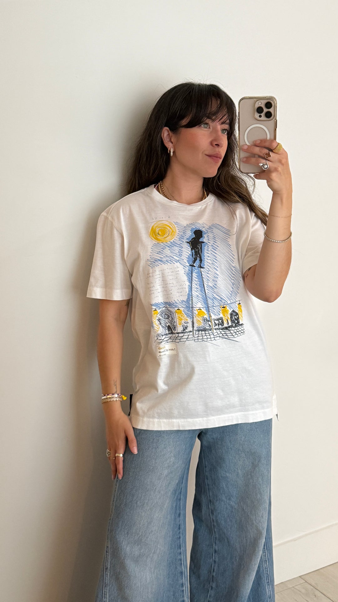 Fendi White T-Shirt with Multicolour Illustrative Graphic Size 52