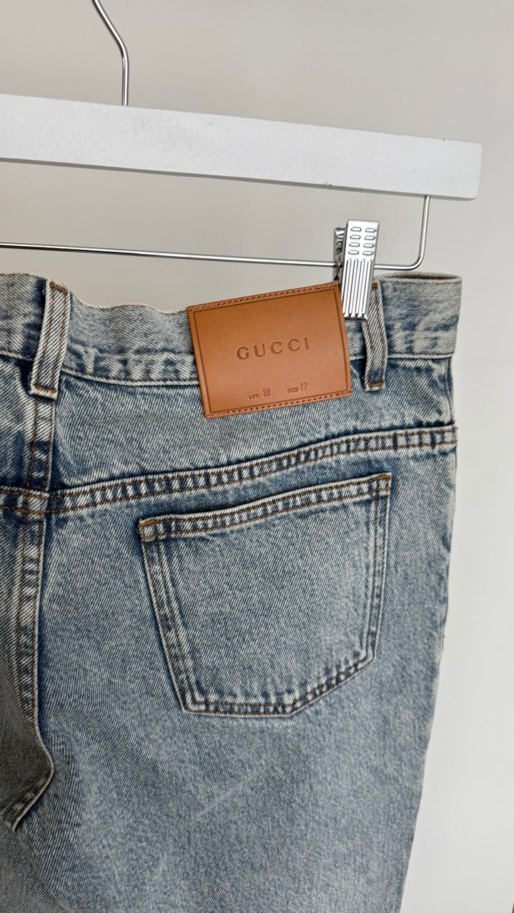 Gucci Light Wash Bootcut Jeans with Floral Patches Size 27