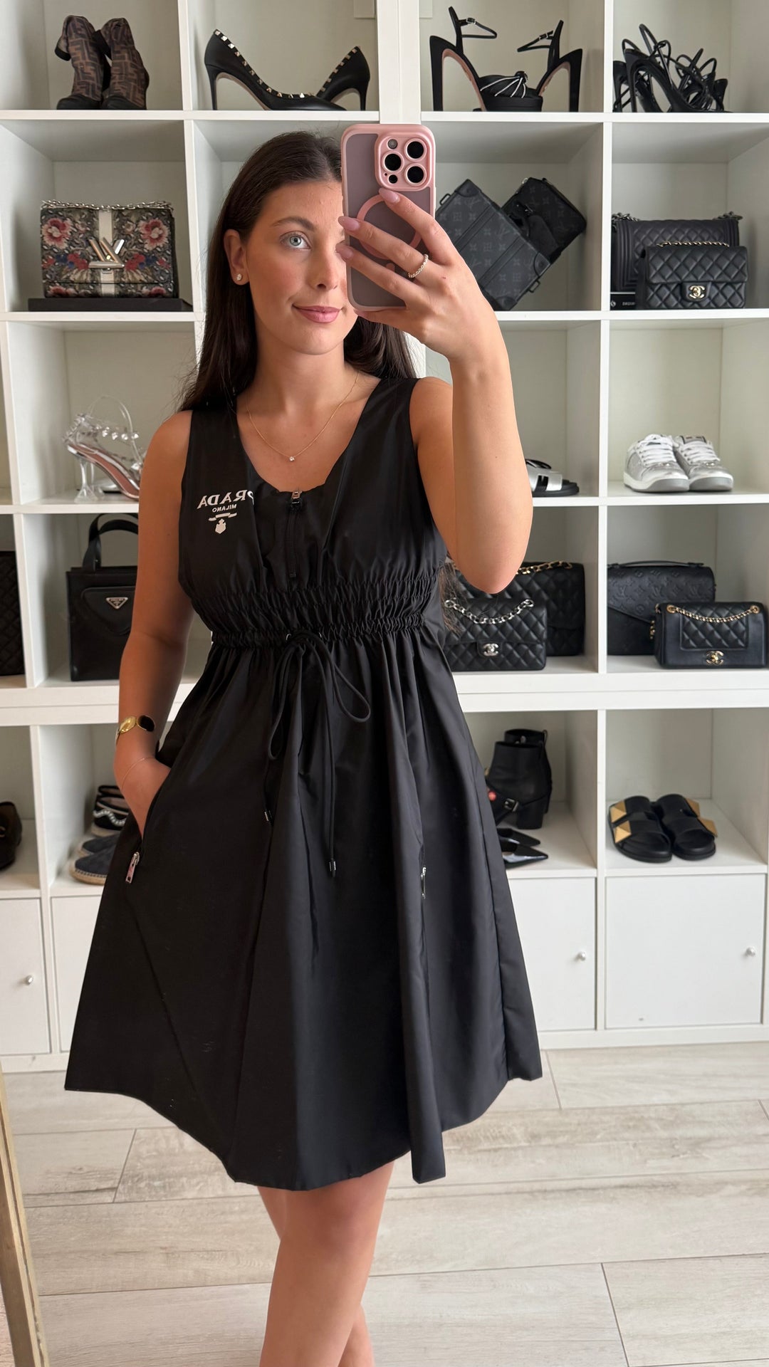 Prada Black Nylon Dress with Cinched Waist Size 38
